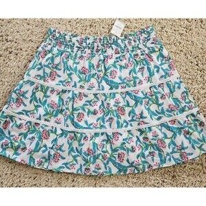 J Crew Womens Smocked Tiered Mini Skirt Preppy Boho White Teal Pink Floral BR644